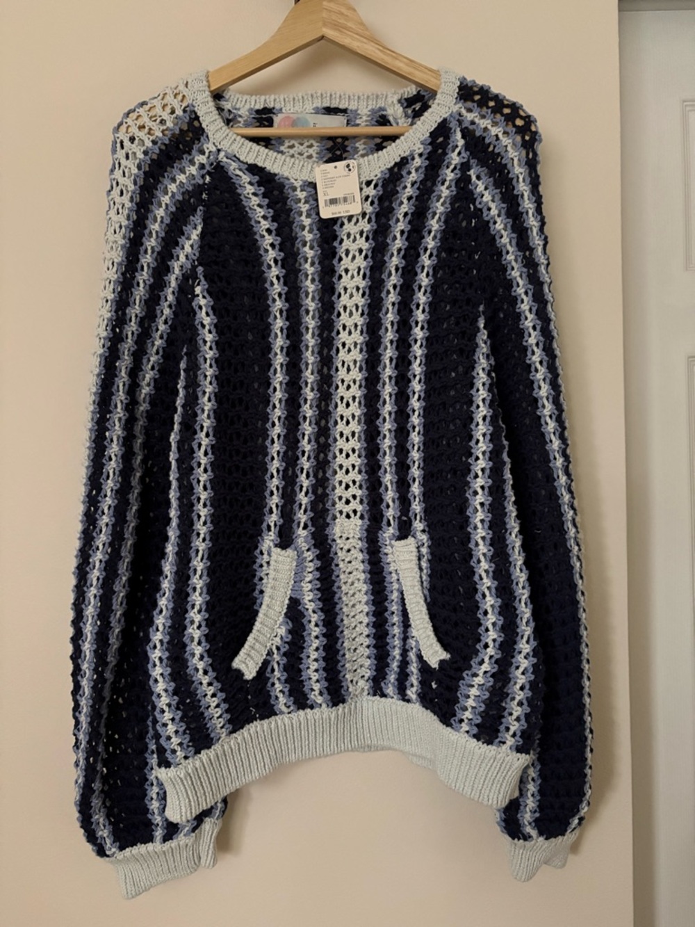 Striped Open-Knit Crewneck Sweater in Navy and Light Blue